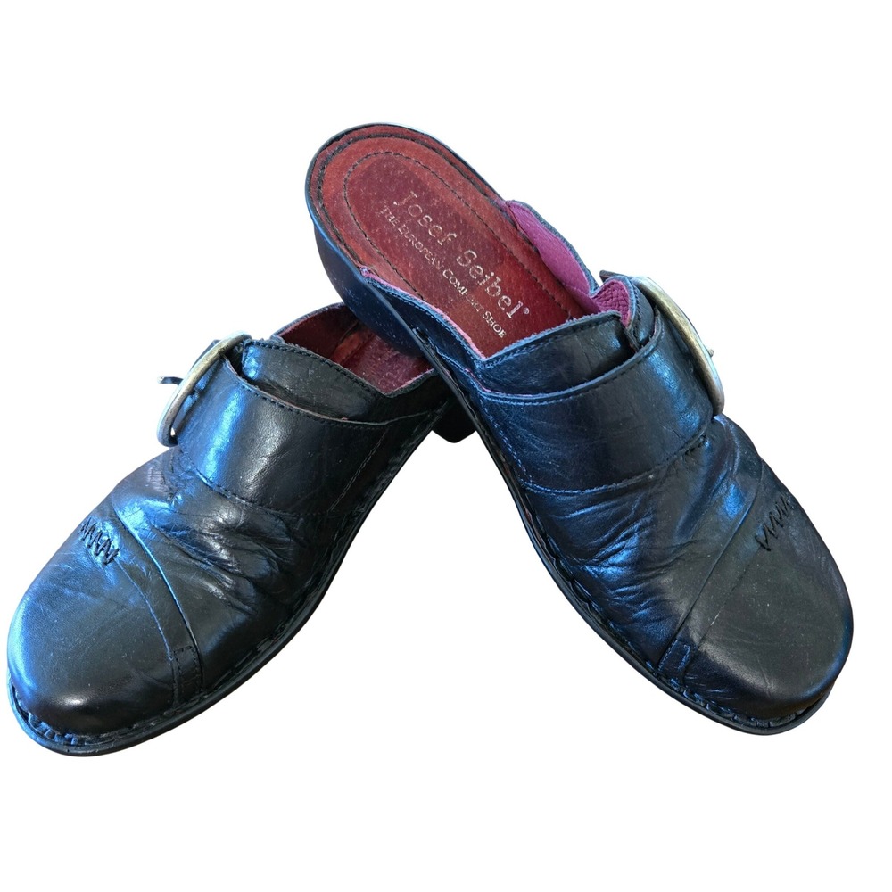 Josef Seibel Comfy Kate‎ Distressed Leather Stone Buckle Clogs Womens Size 38 EU
